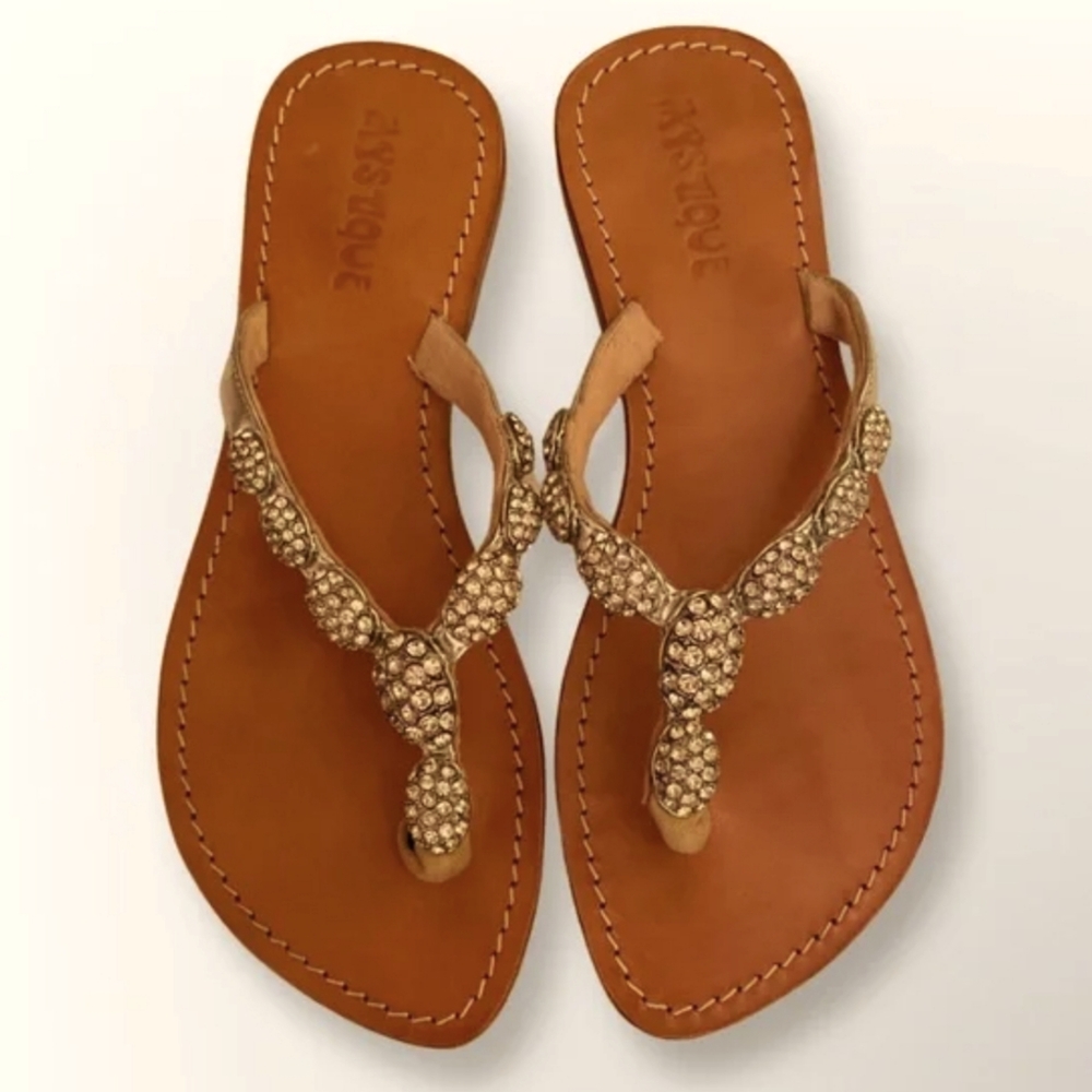 Mystique Boutique Tan & Gold Braided Crystal Thong Sandals